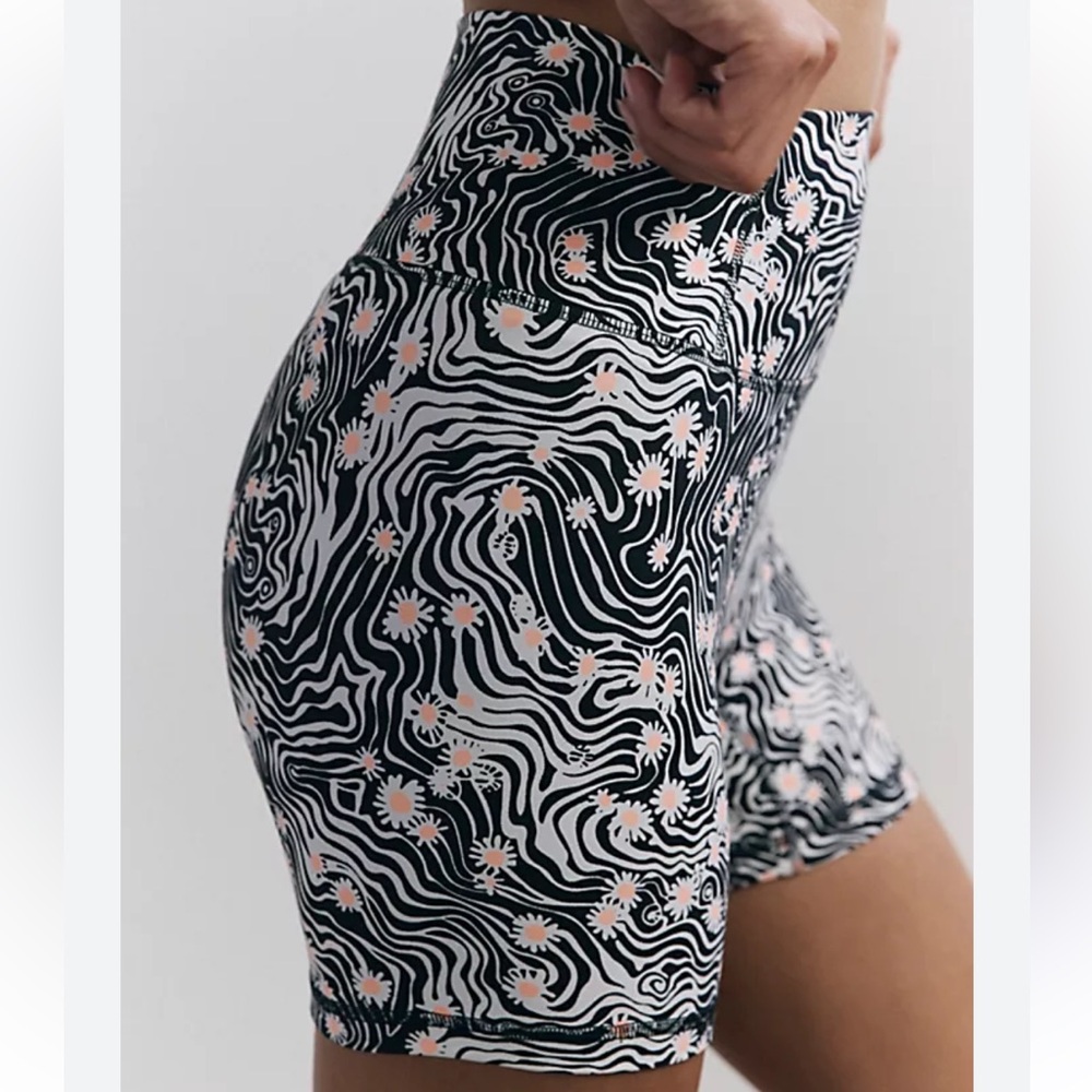 Free People Black & White Swirl Bike Shorts with Pink Floral Accents - Picture 7 of 12